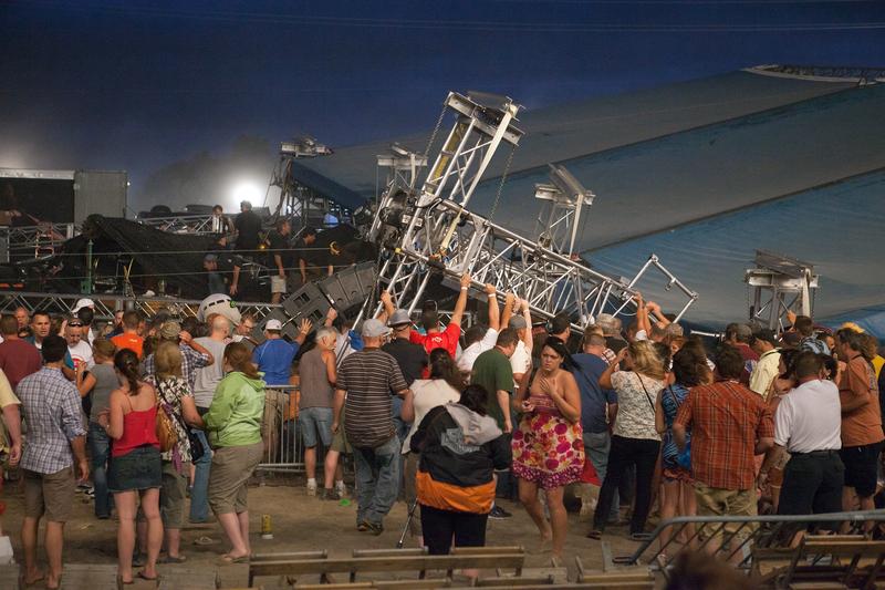 View of the stage collapse at the Indiana State Fair on August 13, 2011. The stage fell just before country duo Sugarland were scheduled to perform, killing seven.